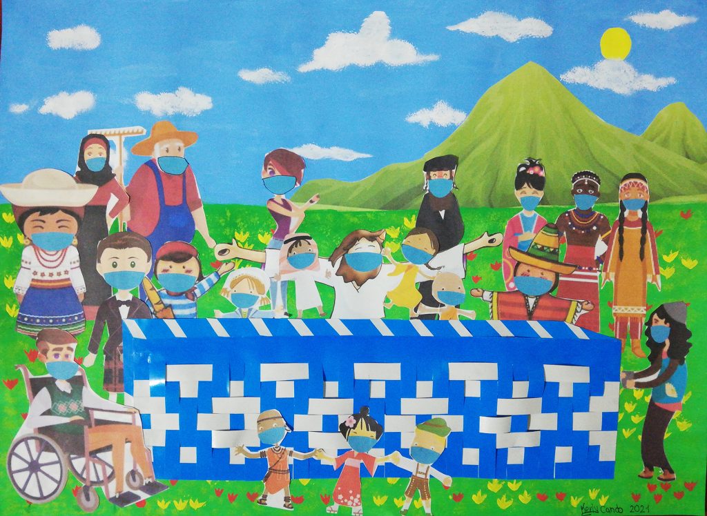 Œuvre d'art réalisée par les élèves, présentant Jésus à table avec de nombreuses personnes vêtues de costumes de la culture locale, avec des enfants et une personne en fauteuil roulant.
